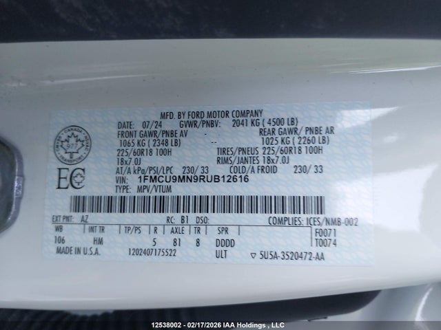 2024 Ford Escape მანქანა იყიდება აუქციონზე, vin: 1FMCU9MN9RUB12616, აუქციონის ნომერი: 12538002