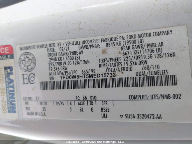 12538014 :رقم المزاد ، 1FD0W5HT5MED15732 vin ، 2021 Ford F 550 مزاد بيع
