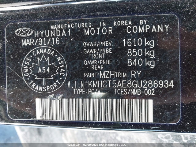 KMHCT5AE8GU286934 Hyundai Accent