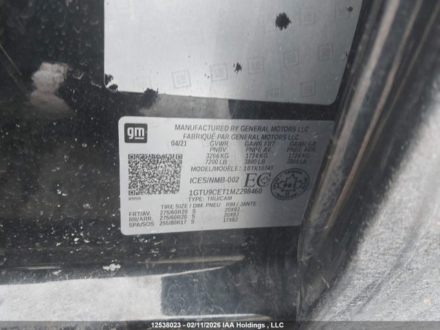 2021 Gmc Sierra 1500 მანქანა იყიდება აუქციონზე, vin: 1GTU9CET1MZ298460, აუქციონის ნომერი: 12538023
