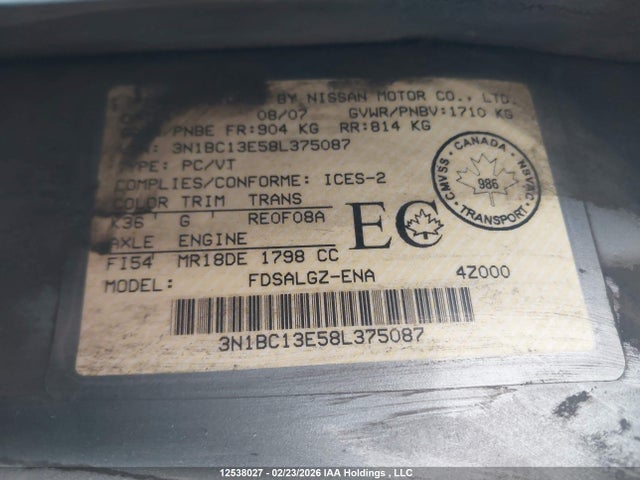 Aukcja sprzedaży 2008 Nissan Versa, vin: 3N1BC13E58L375087, numer aukcji: 12538027