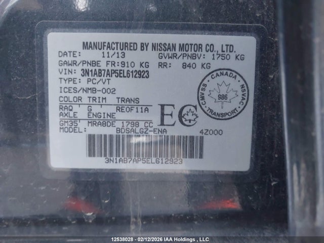 3N1AB7AP5EL612923 Nissan Sentra S/sv/sr/sl