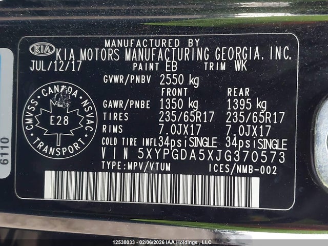 5XYPGDA5XJG370573 KIA Sorento Lx/l