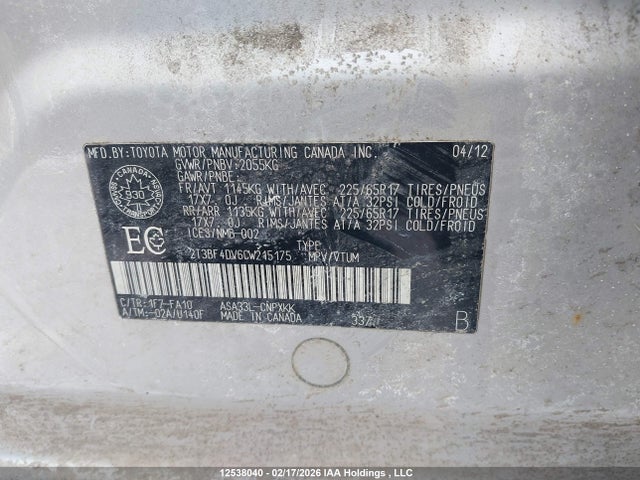 12538040 :رقم المزاد ، 2T3BF4DV6CW215175 vin ، 2012 Toyota Rav4 مزاد بيع