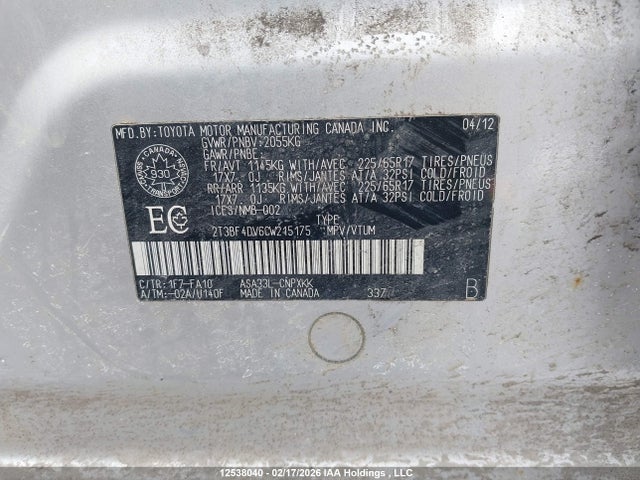 12538040 :رقم المزاد ، 2T3BF4DV6CW215175 vin ، 2012 Toyota Rav4 مزاد بيع