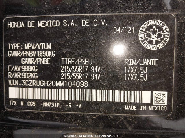 3CZRU6H20MM104098 Honda HR-V SPORT
