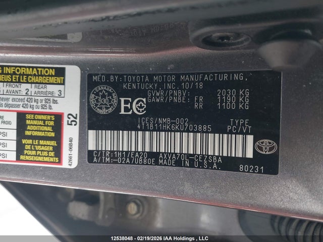 4T1B11HK6KU703885 Toyota Camry L/le/xle/se/xse