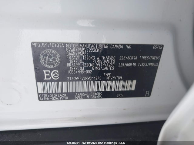 Aukcja sprzedaży 2019 Toyota Rav4 Hybrid, vin: 2T3DWRFV2KW011975, numer aukcji: 12538051