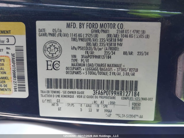 Продажа на аукционе авто 2017 Ford Fusion Se, vin: 3FA6P0T99HR127184, номер лота: 12538065
