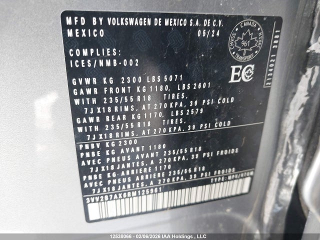 3VV2B7AX6RM125961 Volkswagen Tiguan Se/wolfsburg