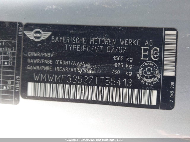 Продажа на аукционе авто 2007 Mini Cooper, vin: WMWMF33527TT55413, номер лота: 12538068