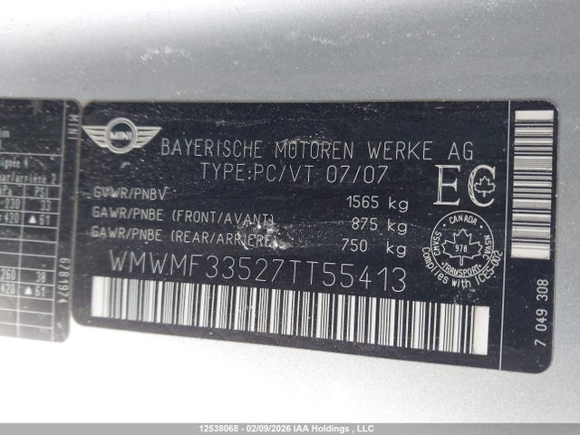 Продажа на аукционе авто 2007 Mini Cooper, vin: WMWMF33527TT55413, номер лота: 12538068