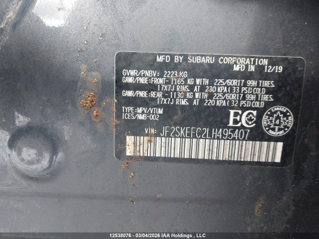 Aukcja sprzedaży 2020 Subaru Forester Convenience, vin: JF2SKEFC2LH495407, numer aukcji: 12538076