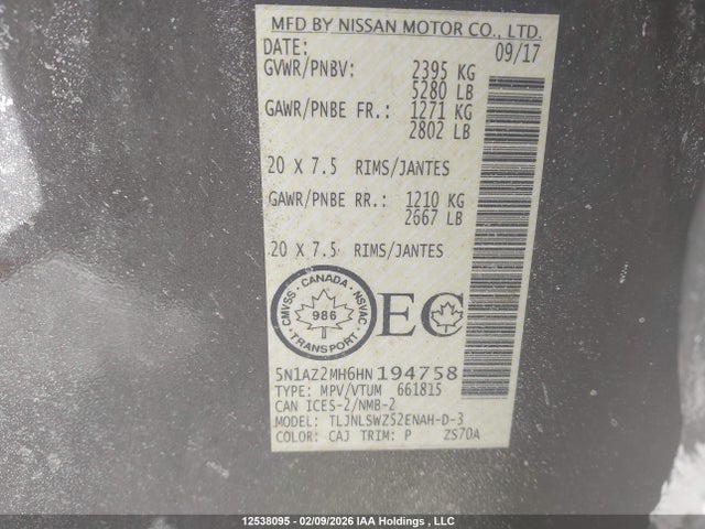 Aukcja sprzedaży 2017 Nissan Murano Platinum/sl/sv, vin: 5N1AZ2MH6HN194758, numer aukcji: 12538095