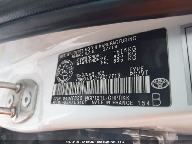12538100 :رقم المزاد ، VNKKTUD32FA017713 vin ، 2015 Toyota Yaris مزاد بيع