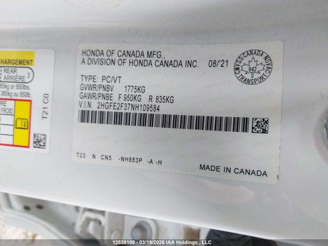 2HGFE2F37NH109584 Honda CIVIC EX