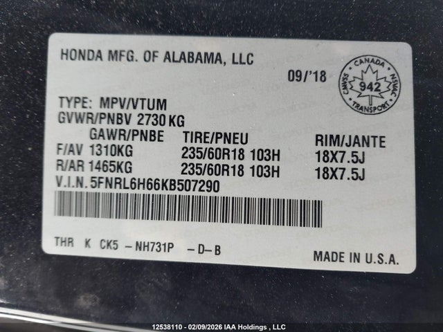 5FNRL6H66KB507290 Honda ODYSSEY EXL
