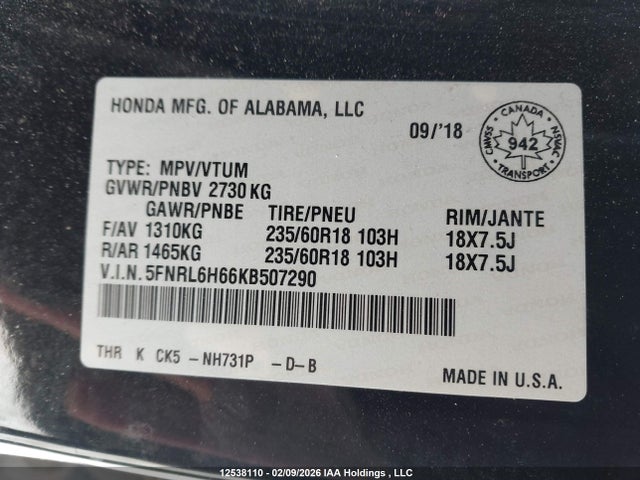 5FNRL6H66KB507290 Honda ODYSSEY EXL