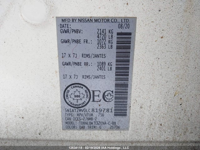 5N1AT2MV0LC819781 Nissan Rogue S/sl/sv