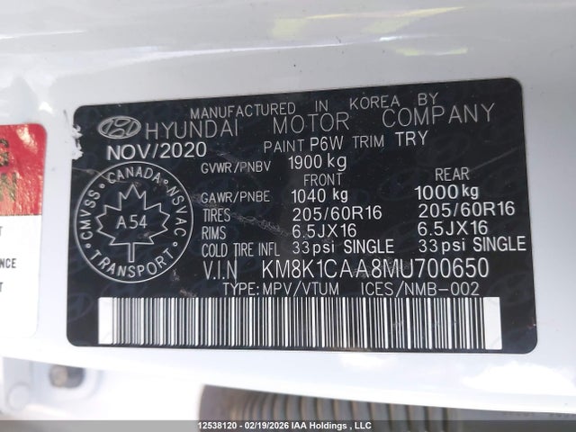 KM8K1CAA8MU700650 Hyundai Kona