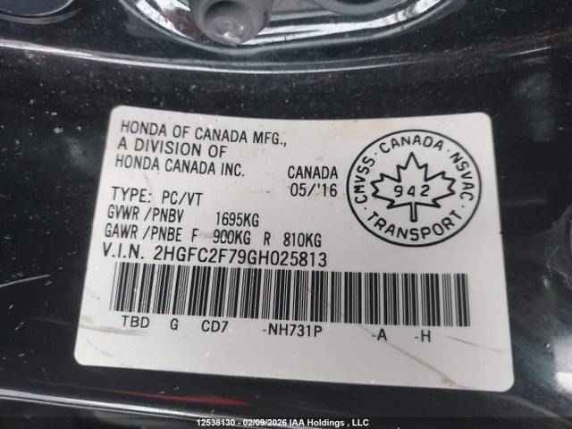 2016 Honda Civic Ex მანქანა იყიდება აუქციონზე, vin: 2HGFC2F79GH025813, აუქციონის ნომერი: 12538130