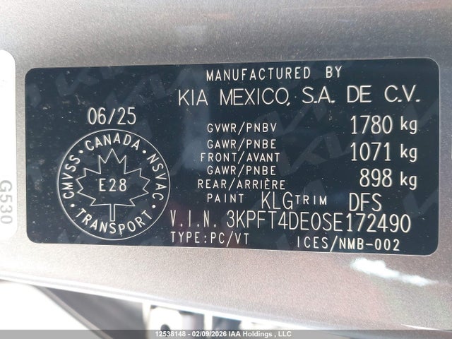 12538148 :رقم المزاد ، 3KPFT4DE0SE172490 vin ، 2025 Kia K4 Lx مزاد بيع