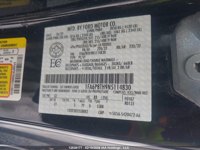 Продаж на аукціоні авто 2022 Ford Mustang Ecoboost Premium, vin: 1FA6P8TH9N5114830, номер лоту: 12538177