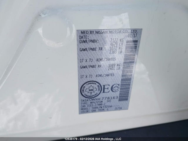 5N1AT2MVXHC778163 Nissan Rogue Sv/sl