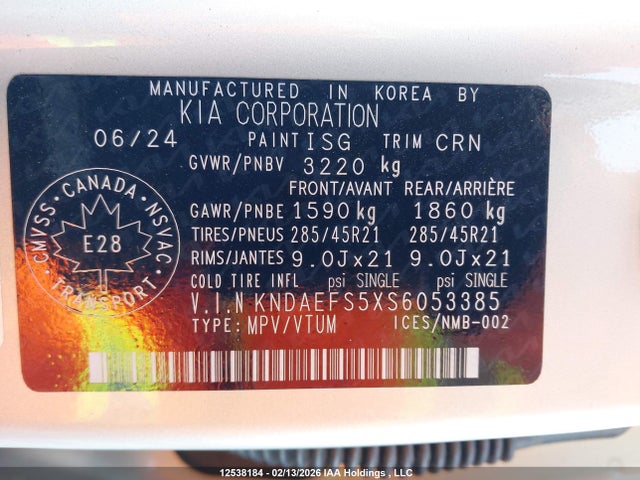 KNDAEFS5XS6053385 KIA Ev9 Land Awd With Gt-line Pkg