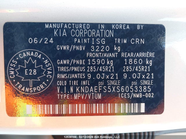 KNDAEFS5XS6053385 KIA Ev9 Land Awd With Gt-line Pkg