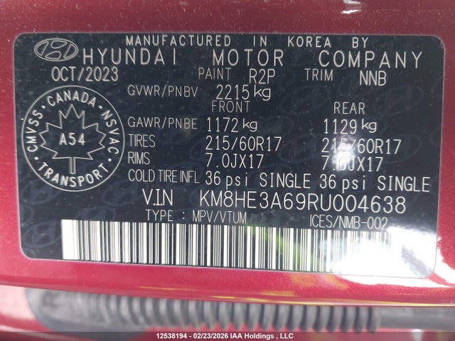 KM8HE3A69RU004638 Hyundai Kona