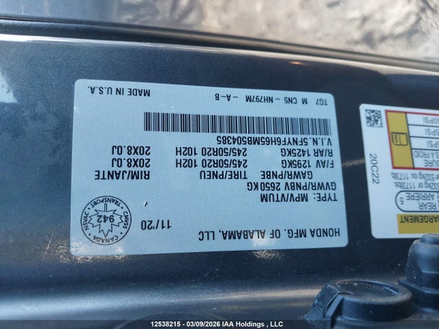 5FNYF6H65MB504385 Honda Pilot Touring