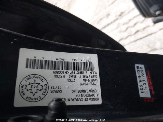 Продаж на аукціоні авто 2019 Honda Civic Touring, vin: 2HGFC1F94KH100809, номер лоту: 12538216
