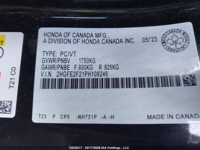 Aukcja sprzedaży 2023 Honda Civic, vin: 2HGFE2F21PH108246, numer aukcji: 12538217