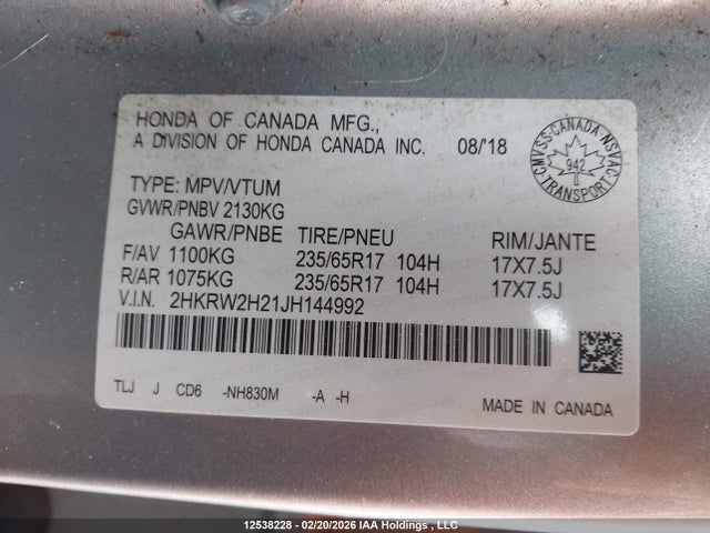 2HKRW2H21JH144992 Honda CR-V LX