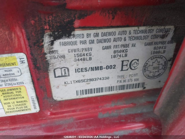 12538231 :رقم المزاد ، KL1TX65E29B374330 vin ، 2009 Chevrolet Aveo Lt مزاد بيع