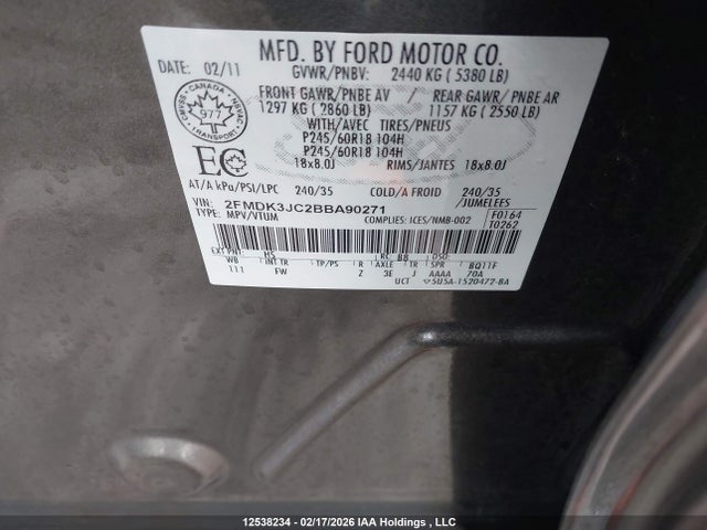 Продажа на аукционе авто 2011 Ford Edge Sel, vin: 2FMDK3JC2BBA90271, номер лота: 12538234