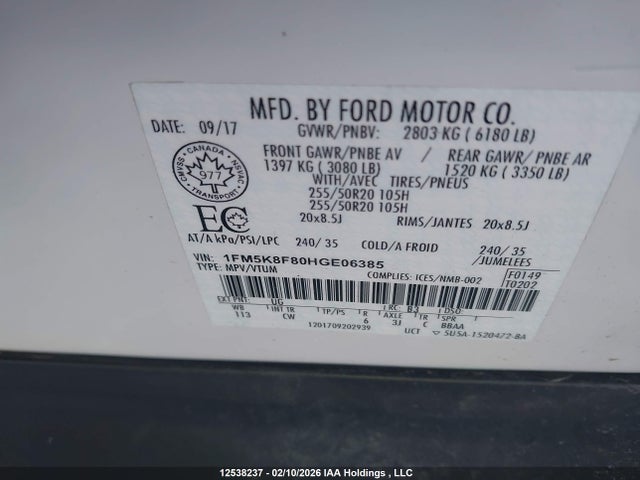 12538237 :رقم المزاد ، 1FM5K8F80HGE06385 vin ، 2017 Ford Explorer Limited مزاد بيع