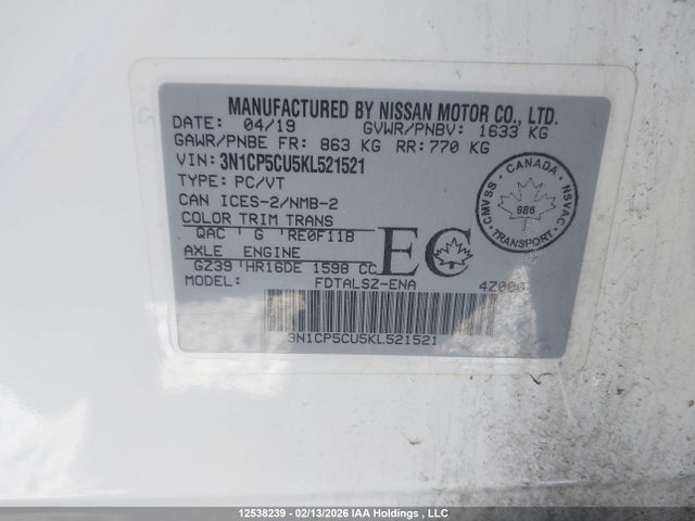 3N1CP5CU5KL521521 Nissan Kicks S/sr/sv