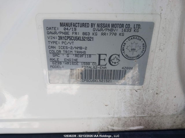 3N1CP5CU5KL521521 Nissan Kicks S/sr/sv
