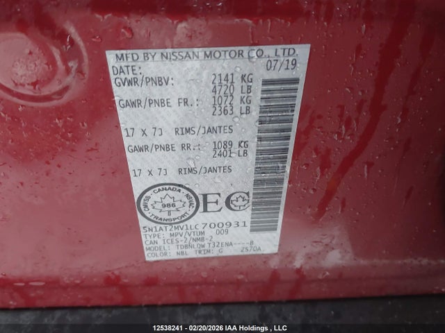 5N1AT2MV1LC700931 Nissan Rogue S/sl/sv
