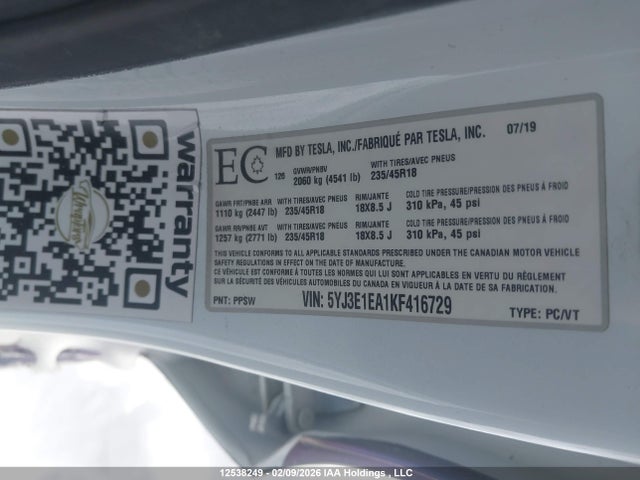 2019 Tesla Model 3 მანქანა იყიდება აუქციონზე, vin: 5YJ3E1EA1KF416729, აუქციონის ნომერი: 12538249