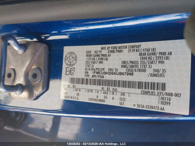 Ford ESCAPE SEL 2019 1FMCU9HD6KUB67998 Image 9