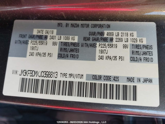Auction sale of the 2018 Mazda Cx-5 Grand Touring, vin: JM3KFBDMXJ0398813, lot number: 12538253
