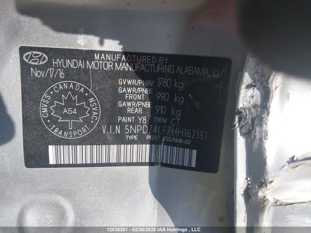 12538261 :رقم المزاد ، 5NPD74LF7HH162131 vin ، 2017 Hyundai Elantra مزاد بيع