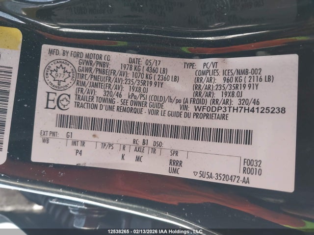 12538265 :رقم المزاد ، WF0DP3TH7H4125238 vin ، 2017 Ford Focus Rs مزاد بيع