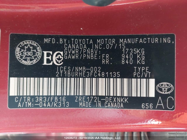 Toyota Corolla 2015 2T1BURHE3FC481135 Image 9