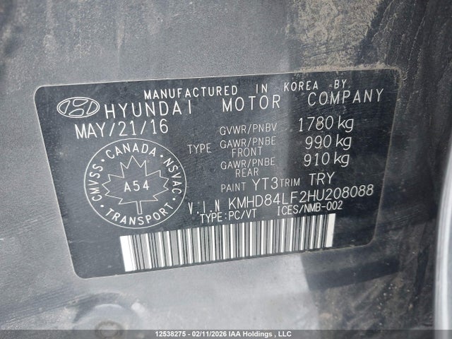 KMHD84LF2HU208088 Hyundai Elantra Se/value/limited