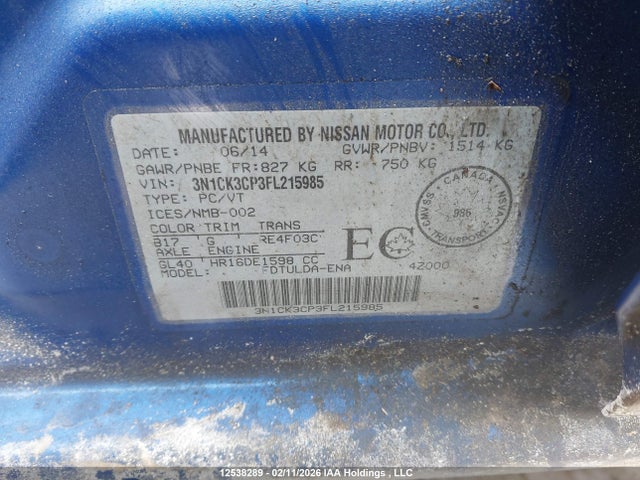 12538289 :رقم المزاد ، 3N1CK3CP3FL215985 vin ، 2015 Nissan Micra مزاد بيع