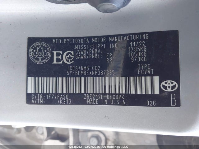 5YFBPMBEXNP387335 Toyota COROLLA L
